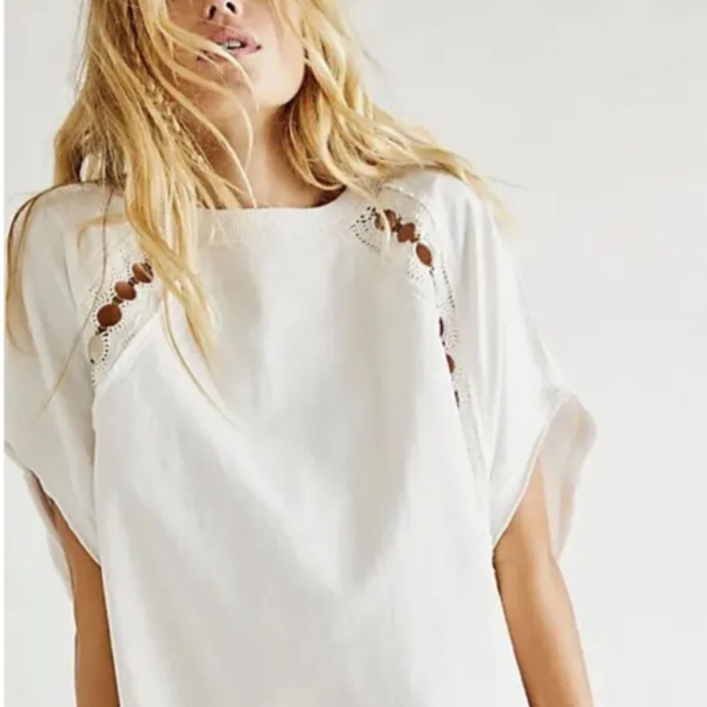 Free People Rough Around The Edges Top Crochet Ring Detailing Ivory White